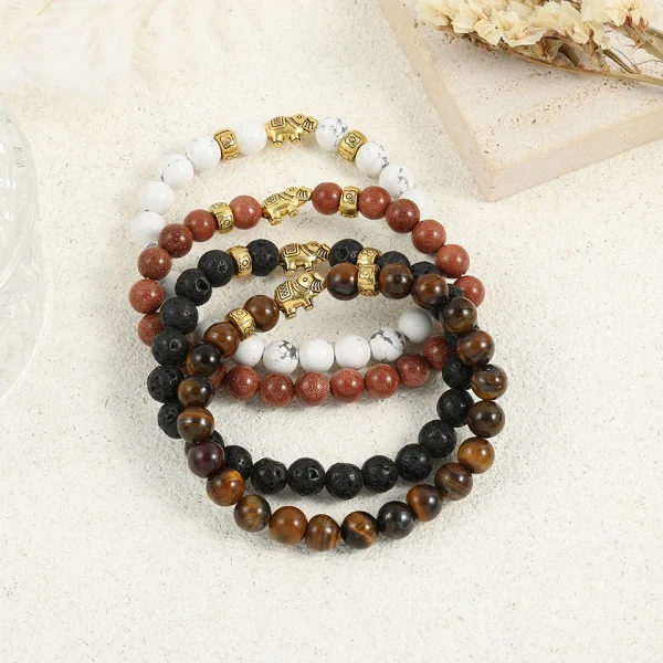 Casual Metal Weave Strand Wristlet Rope Natural Stone Elephant Adjustable Beaded Bracelets - Image 7