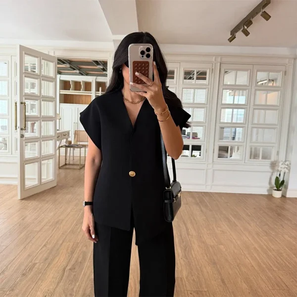 Casual One Button Blazer Zippers High Waist Pleat Wide Trousers 2 Piece Sets - Image 9
