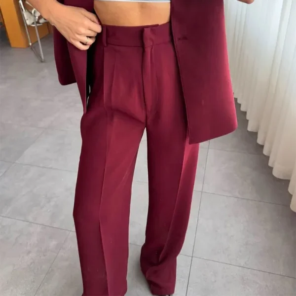 Casual One Button Blazer Zippers High Waist Pleat Wide Trousers 2 Piece Sets - Image 6