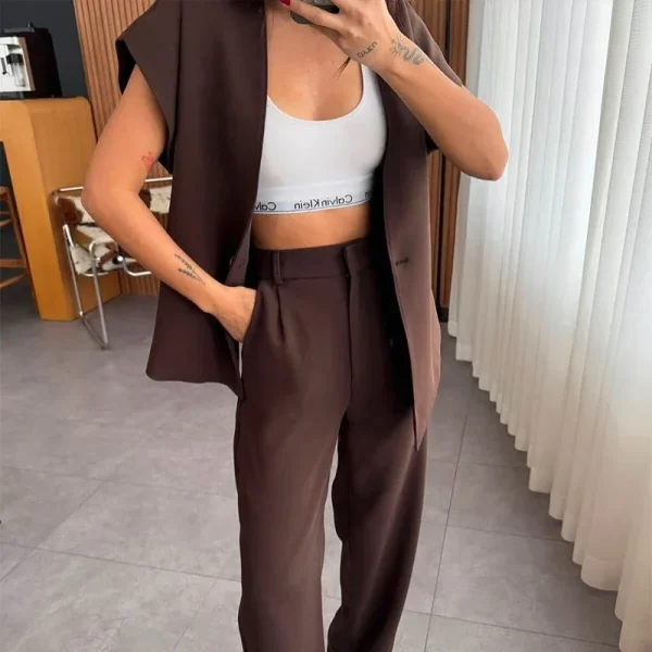 Casual One Button Blazer Zippers High Waist Pleat Wide Trousers 2 Piece Sets - Image 2