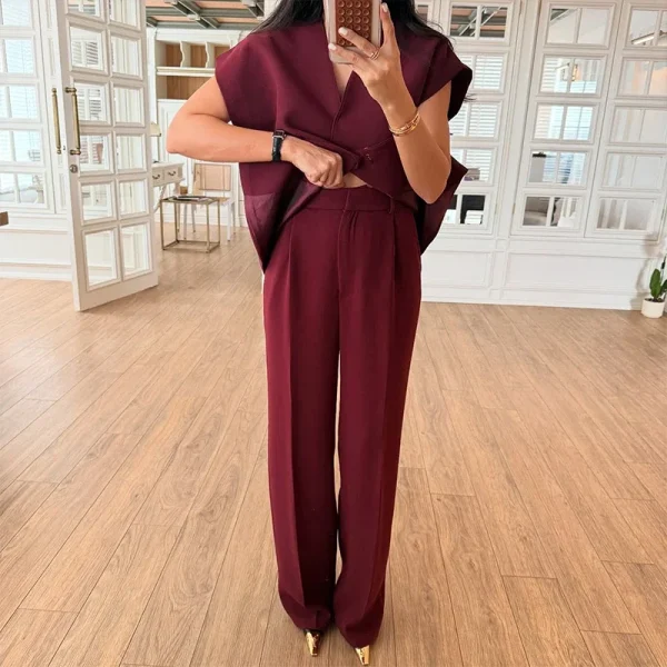 Casual One Button Blazer Zippers High Waist Pleat Wide Trousers 2 Piece Sets - Image 5