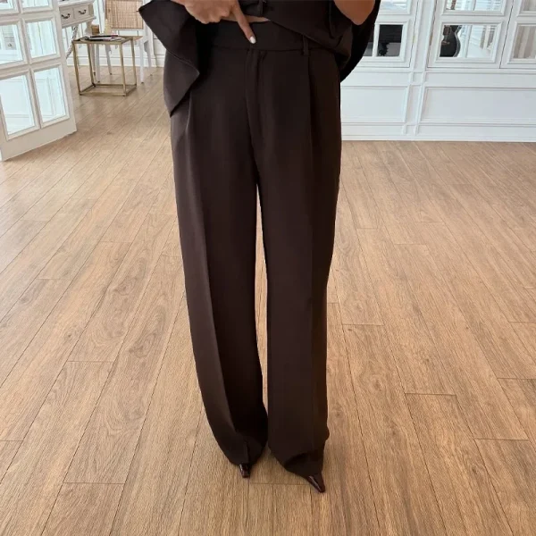 Casual One Button Blazer Zippers High Waist Pleat Wide Trousers 2 Piece Sets - Image 3