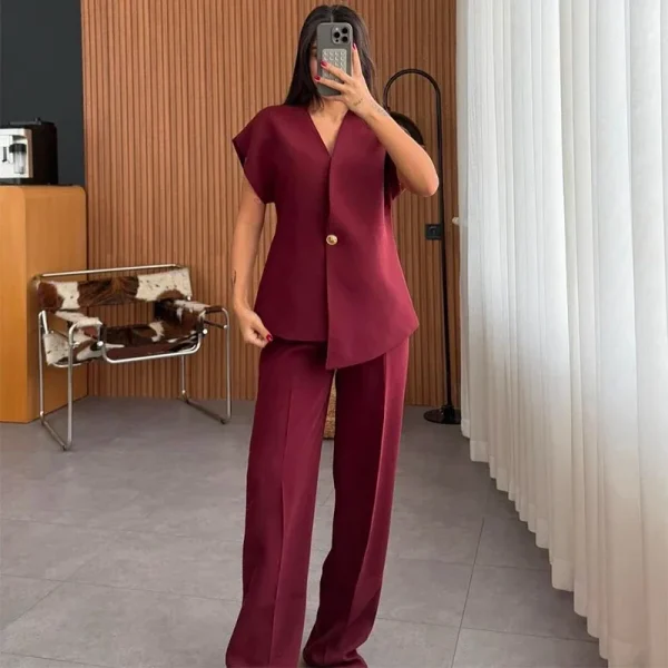 Casual One Button Blazer Zippers High Waist Pleat Wide Trousers 2 Piece Sets - Image 7