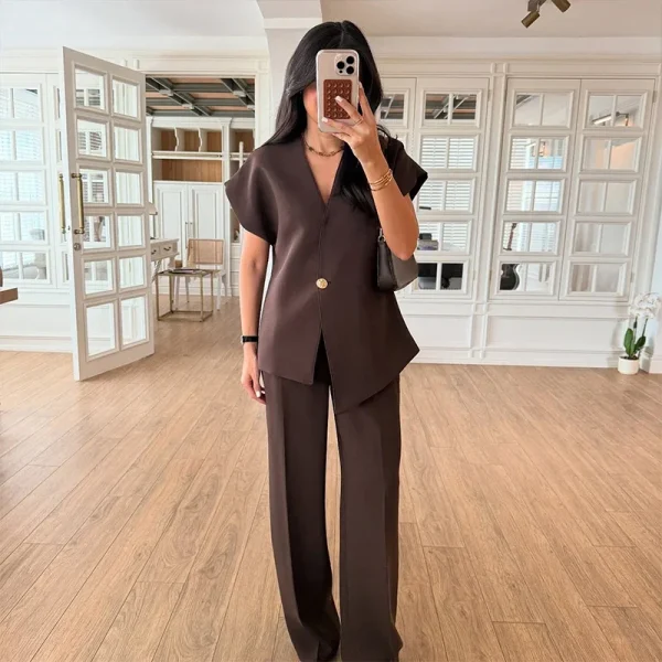 Casual One Button Blazer Zippers High Waist Pleat Wide Trousers 2 Piece Sets