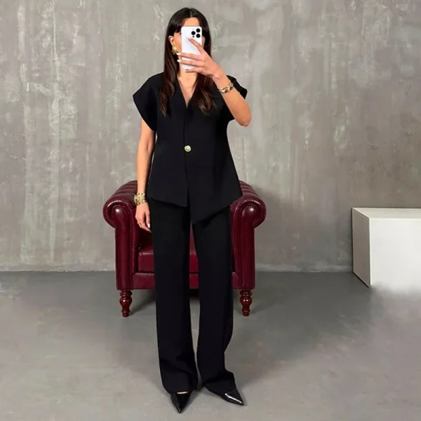 Casual One Button Blazer Zippers High Waist Pleat Wide Trousers 2 Piece Sets - Image 10