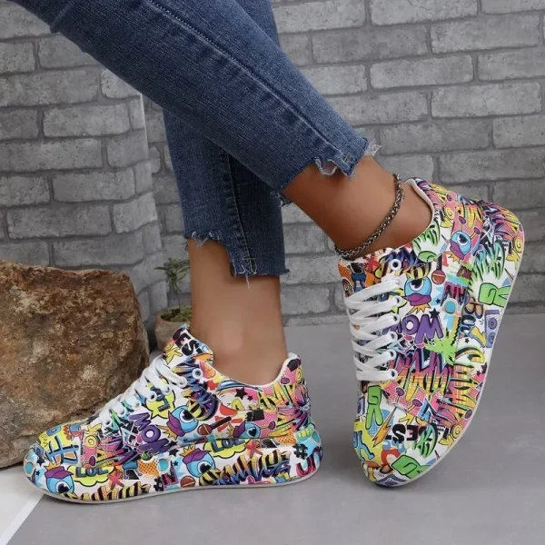 Casual Painted Graffiti Lace Up Flat Pu Leather Sports Shoes - Image 2