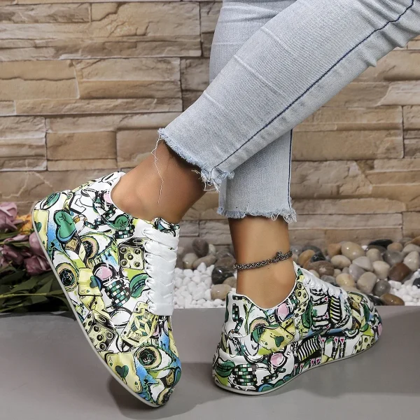 Casual Painted Graffiti Lace Up Flat Pu Leather Sports Shoes - Image 6