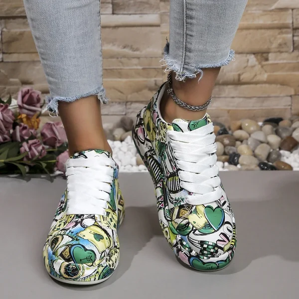 Casual Painted Graffiti Lace Up Flat Pu Leather Sports Shoes - Image 5