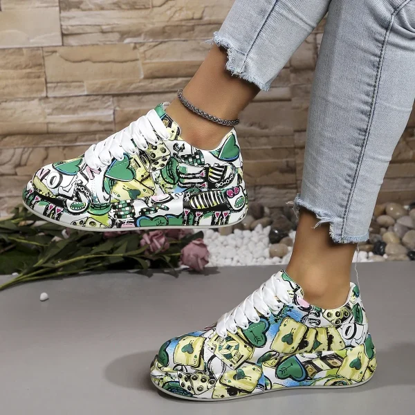 Casual Painted Graffiti Lace Up Flat Pu Leather Sports Shoes - Image 4