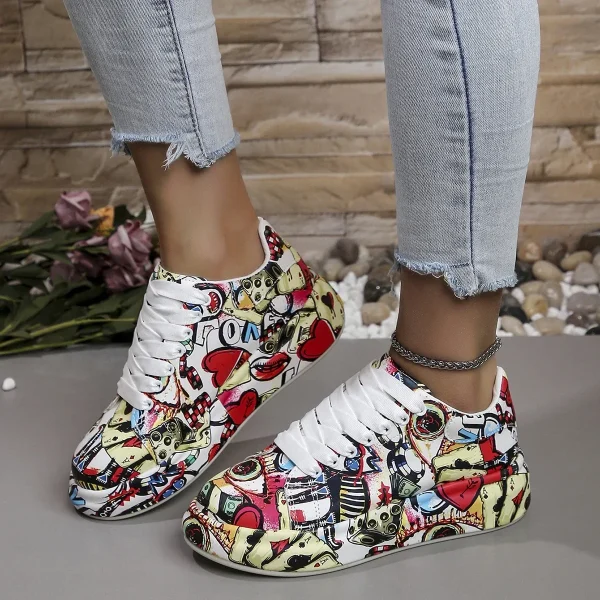 Casual Painted Graffiti Lace Up Flat Pu Leather Sports Shoes - Image 10