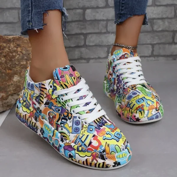 Casual Painted Graffiti Lace Up Flat Pu Leather Sports Shoes - Image 3
