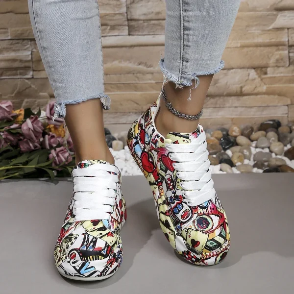 Casual Painted Graffiti Lace Up Flat Pu Leather Sports Shoes - Image 11