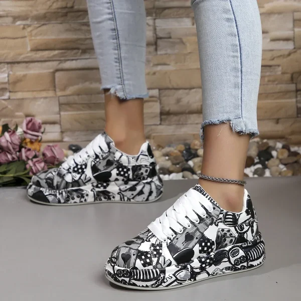 Casual Painted Graffiti Lace Up Flat Pu Leather Sports Shoes - Image 7