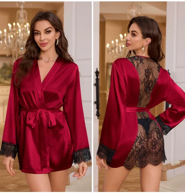 Casual Perspective Lace Satin Kimono Bathrobe Gown - Image 5