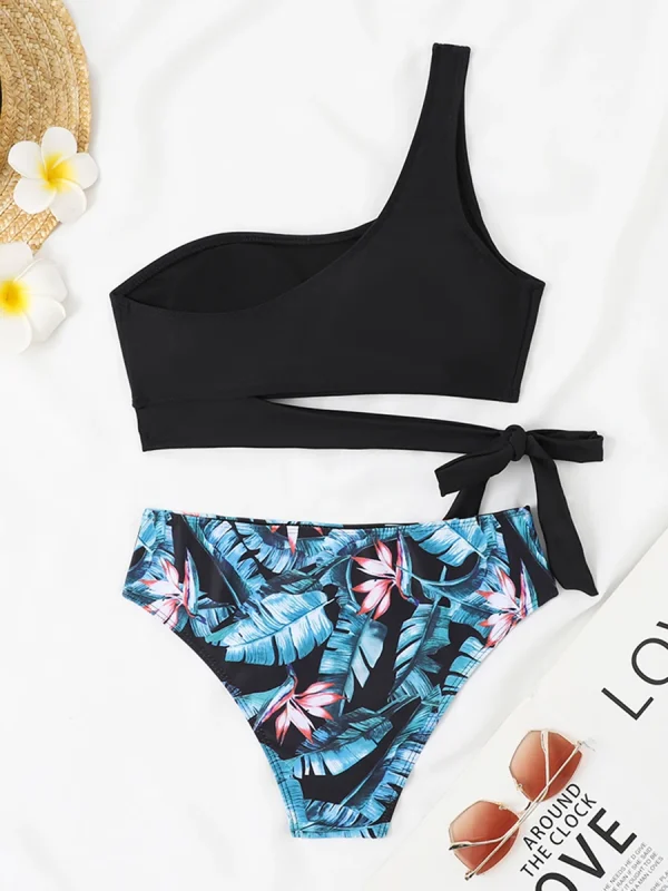 Casual Print Solid Padded Bathers Bathing One Shoulder Beachwear Bikini Set Swimsuit - Image 3