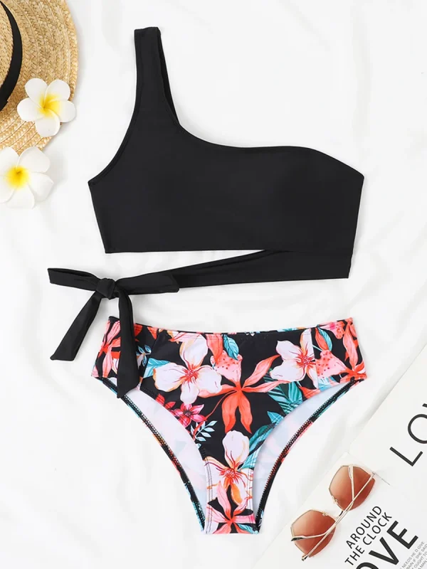 Trendy Print Solid Padded Bathers Bathing One Shoulder Beachwear Bikini Set Swimsuit - Image 2