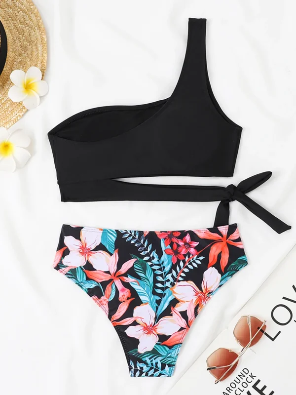 Trendy Print Solid Padded Bathers Bathing One Shoulder Beachwear Bikini Set Swimsuit - Image 3
