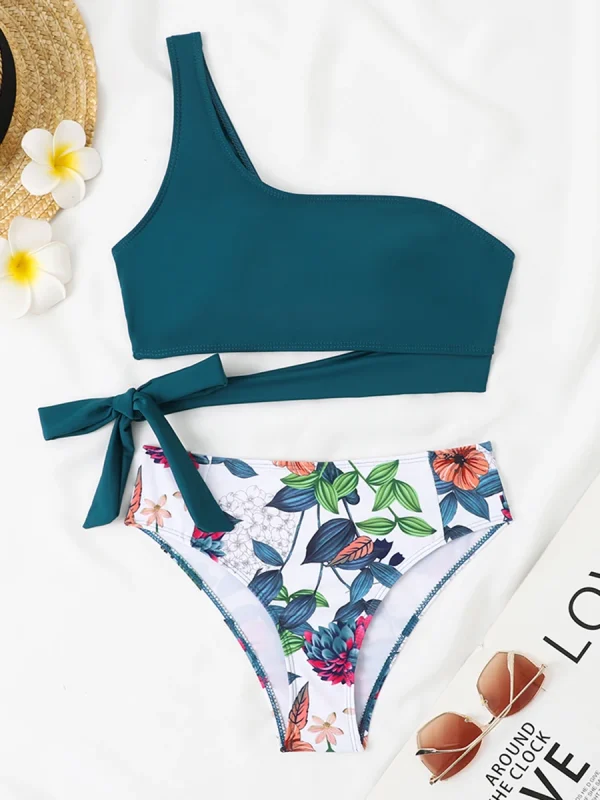 Classic Print Solid Padded Bathers Bathing One Shoulder Beachwear Bikini Set Swimsuit - Image 2