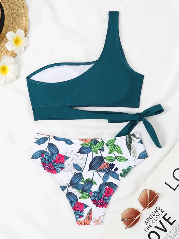 Classic Print Solid Padded Bathers Bathing One Shoulder Beachwear Bikini Set Swimsuit - Image 3