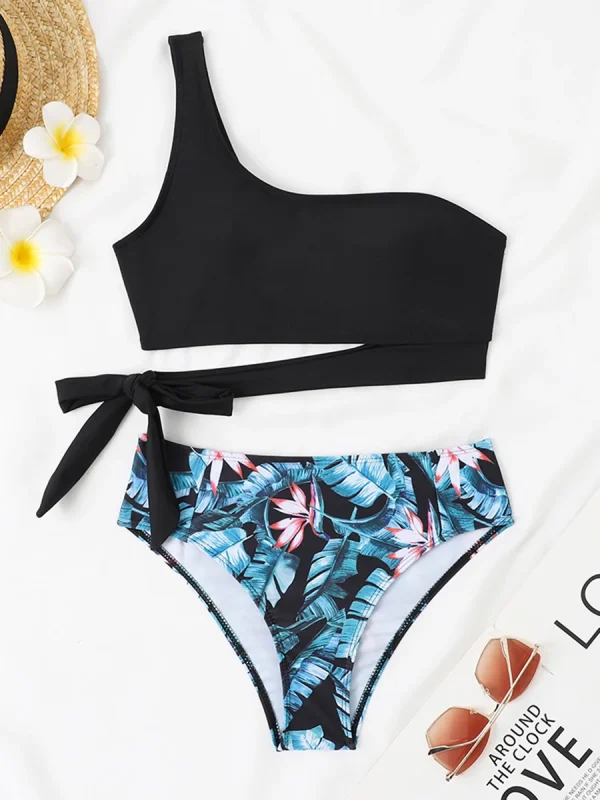 Casual Print Solid Padded Bathers Bathing One Shoulder Beachwear Bikini Set Swimsuit - Image 2