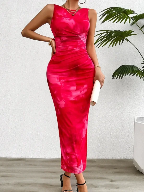 Casual Printed Round Neck Slimming With Split Bottom Sleeveless Tight Bodycon Dress - Image 24