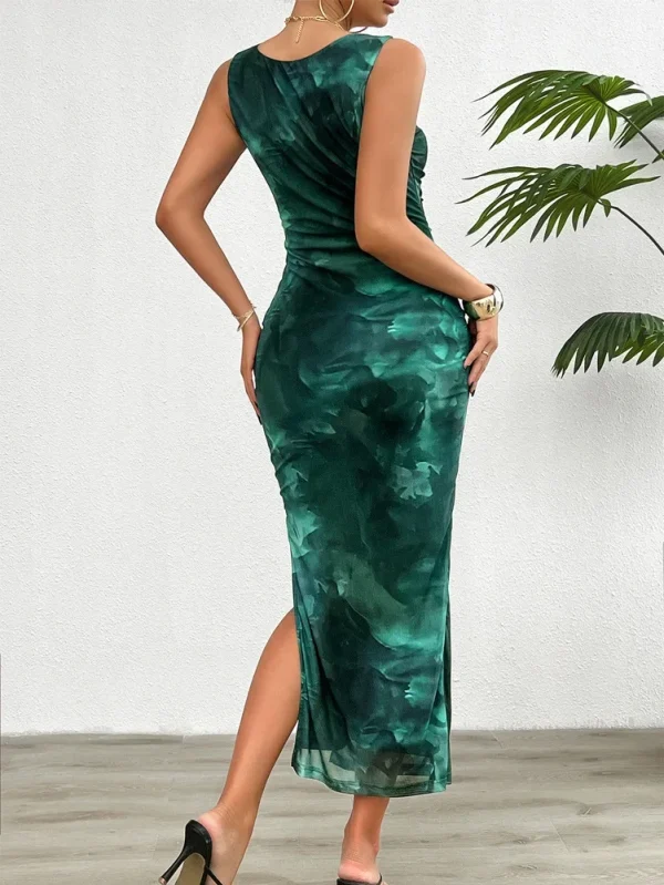 Casual Printed Round Neck Slimming With Split Bottom Sleeveless Tight Bodycon Dress - Image 6