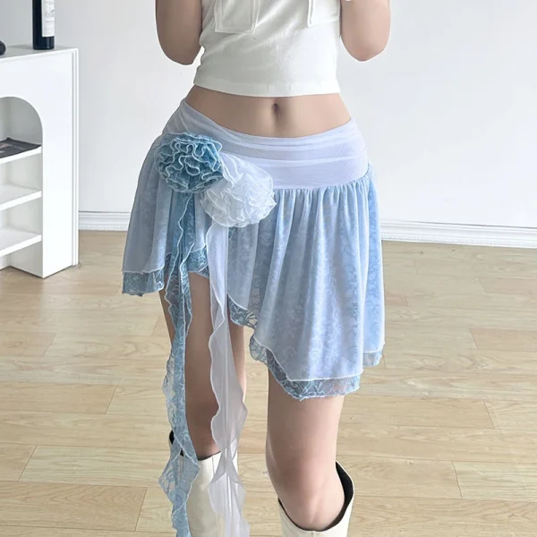 Casual Retro 3D Floral Mesh Streetwear High Waist Irregular Skirts - Image 2
