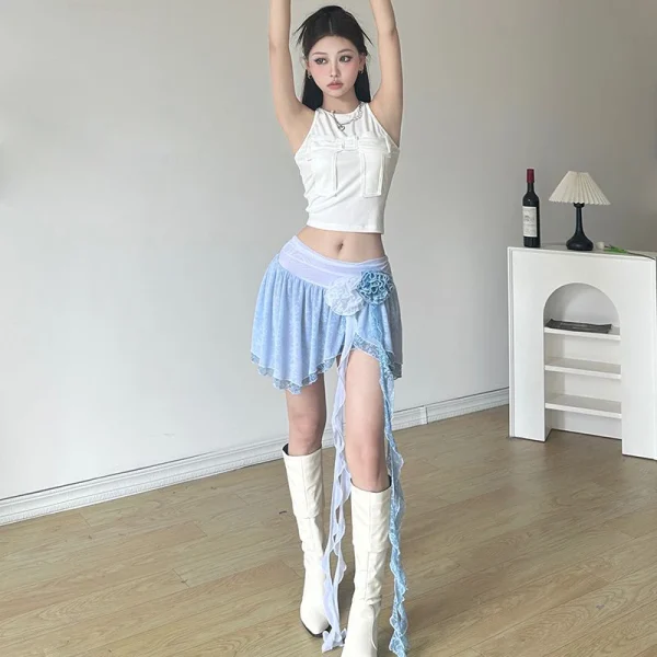 Casual Retro 3D Floral Mesh Streetwear High Waist Irregular Skirts - Image 5