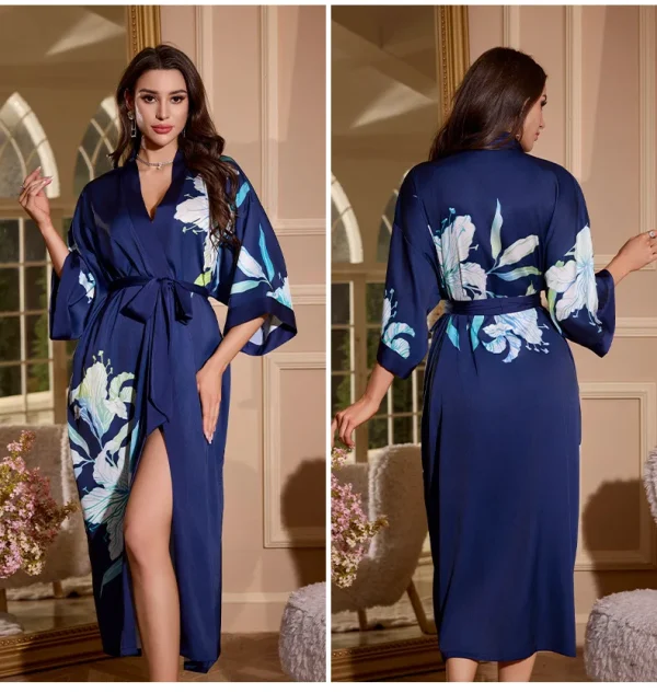 Luxury Satin Floral Mid-Calf Seven-quarter-sleeved Pajamas Nightgowns - Image 2