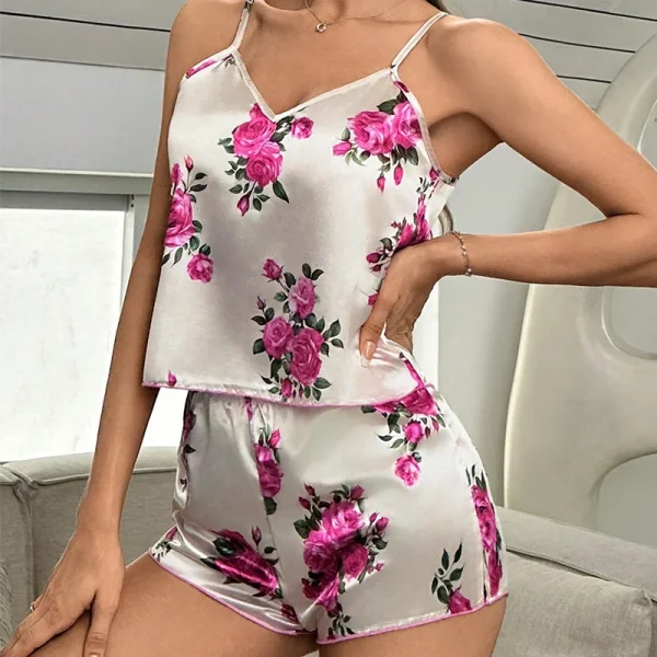 Elegant Satin V-Neck Top Elastic Comfortable Perfect Floral Print Pajama Set