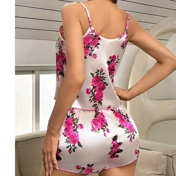 Elegant Satin V-Neck Top Elastic Comfortable Perfect Floral Print Pajama Set - Image 4