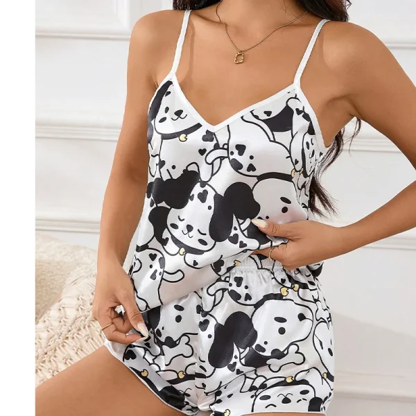 Casual Satin V-Neck Top Elastic Comfortable Perfect Floral Print Pajama Set - Image 2