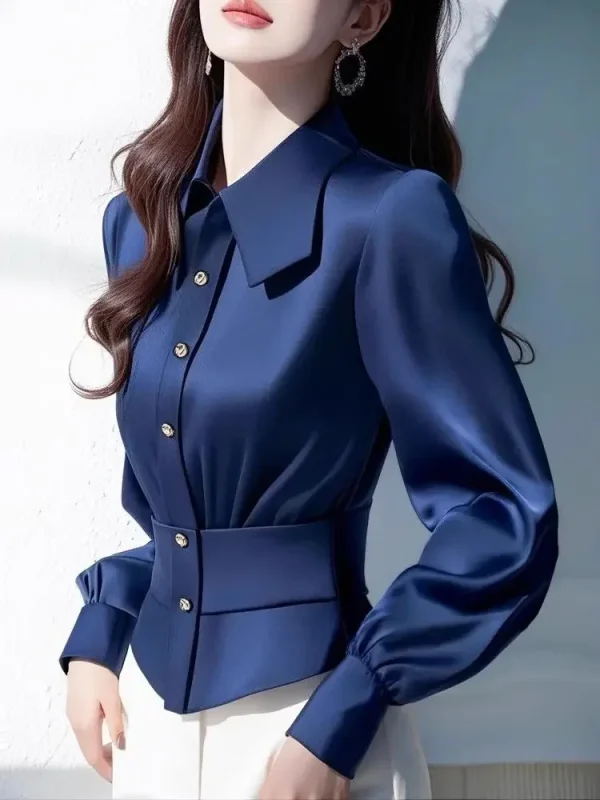 Casual Satin Waist Slimming High Stretch Beach Style Shirt Top - Image 2