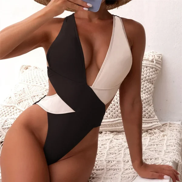 Casual Scrunch Butt Deep V Neck Cross Backless One Piece Swimsuit - Image 4