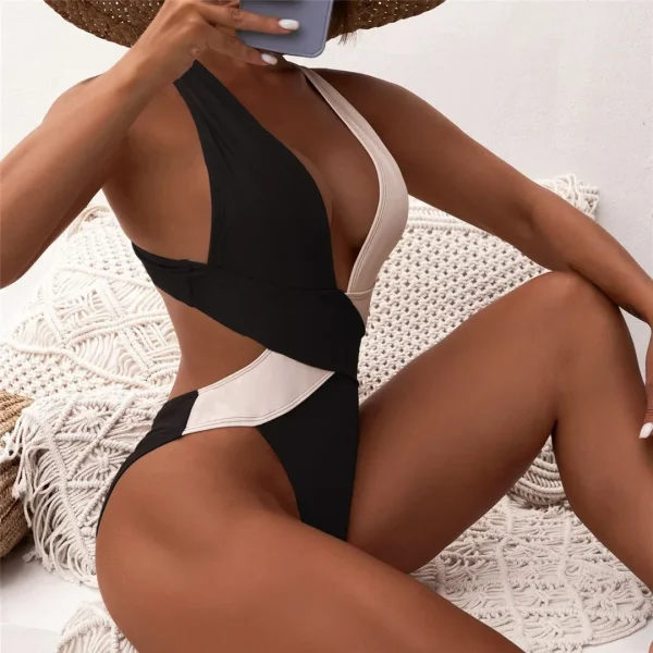 Casual Scrunch Butt Deep V Neck Cross Backless One Piece Swimsuit - Image 5