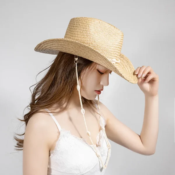 Casual Seashell Chain and Inner Lining Wide Brim Natural Straw Cowboy Handwoven Sun Hat - Image 4