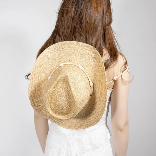 Casual Seashell Chain and Inner Lining Wide Brim Natural Straw Cowboy Handwoven Sun Hat - Image 6