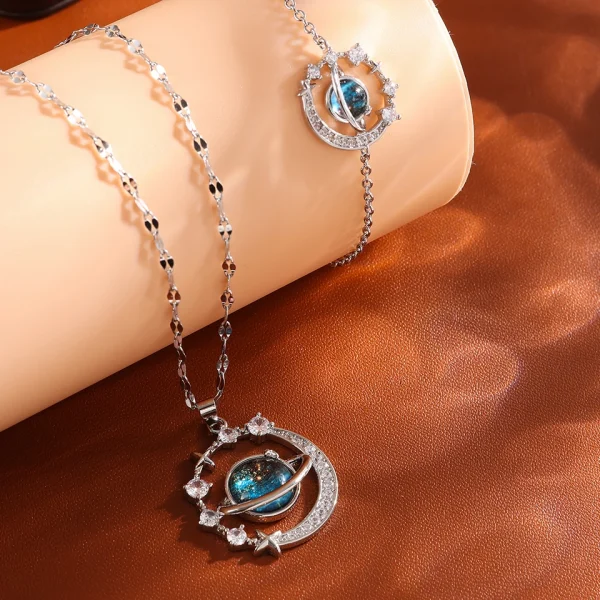 Casual Shiny Zircon Hot Sale Planet Moon Series Two-piece Bracelet Necklace Set - Image 3