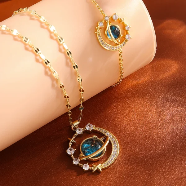 Casual Shiny Zircon Hot Sale Planet Moon Series Two-piece Bracelet Necklace Set - Image 4