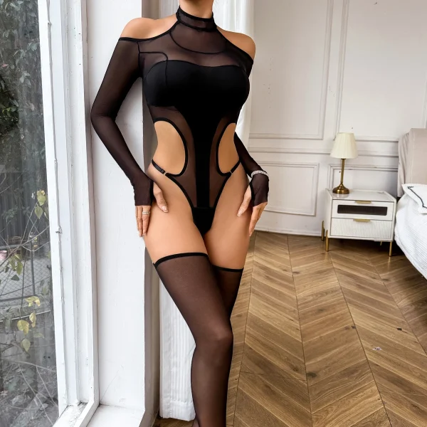 Casual Silk Socks Temptation Perspective Half High Collar Tight jumpsuit - Image 2