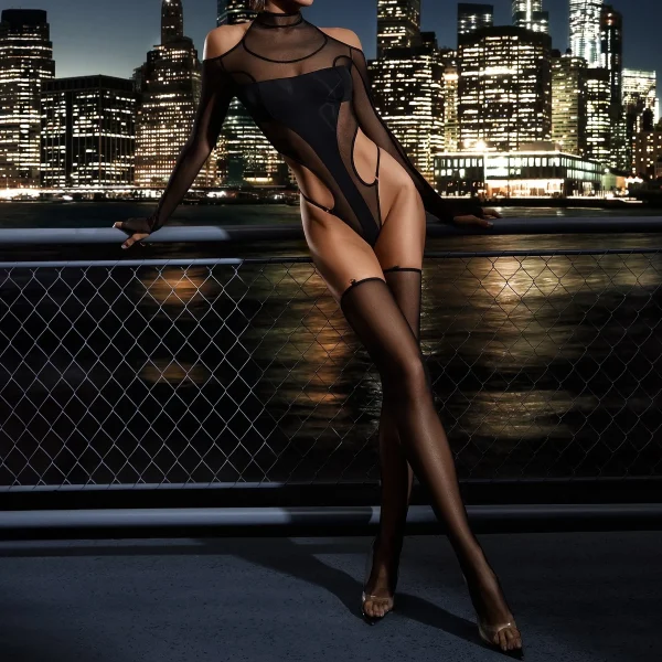 Casual Silk Socks Temptation Perspective Half High Collar Tight jumpsuit - Image 9