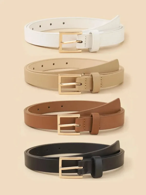 Casual Skinny Leather Thin Waist  with Metal Buckle for Pants Jeans Dress Belt 4pcs