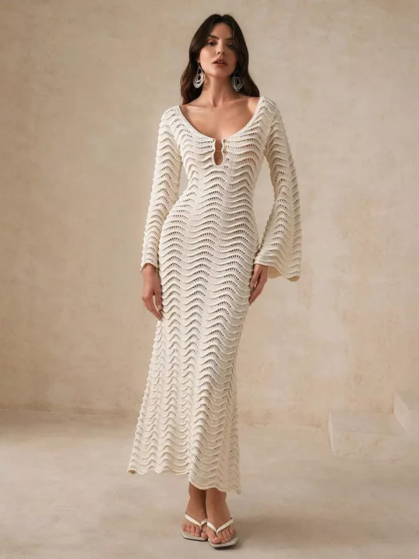Casual Solid Color Cut-Outs Long Sleeve Knitted Maxi Dress