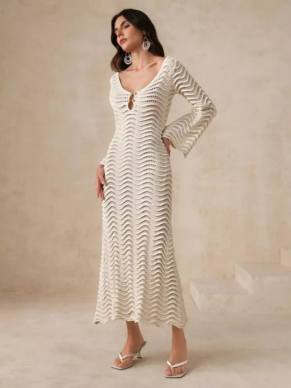 Casual Solid Color Cut-Outs Long Sleeve Knitted Maxi Dress - Image 2