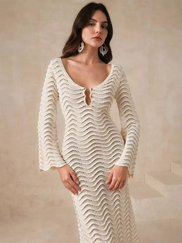 Casual Solid Color Cut-Outs Long Sleeve Knitted Maxi Dress - Image 3