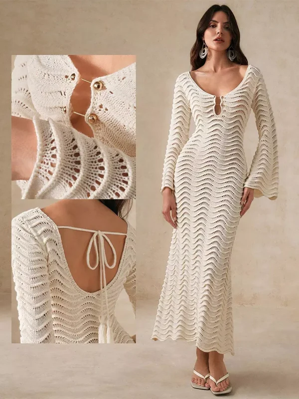 Casual Solid Color Cut-Outs Long Sleeve Knitted Maxi Dress - Image 4