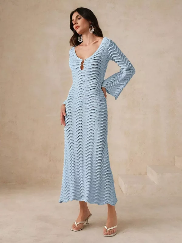 Casual Solid Color Cut-Outs Long Sleeve Knitted Maxi Dress - Image 5