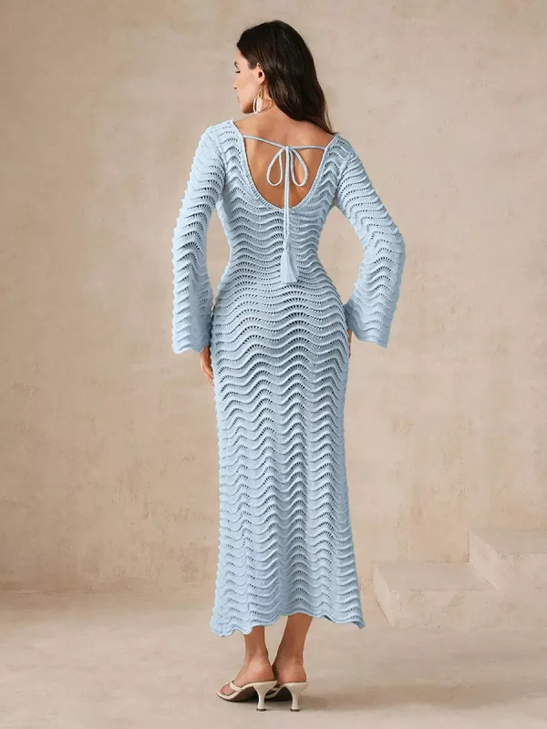 Casual Solid Color Cut-Outs Long Sleeve Knitted Maxi Dress - Image 10