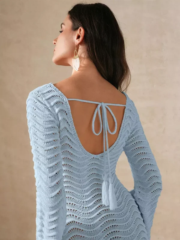 Casual Solid Color Cut-Outs Long Sleeve Knitted Maxi Dress - Image 8