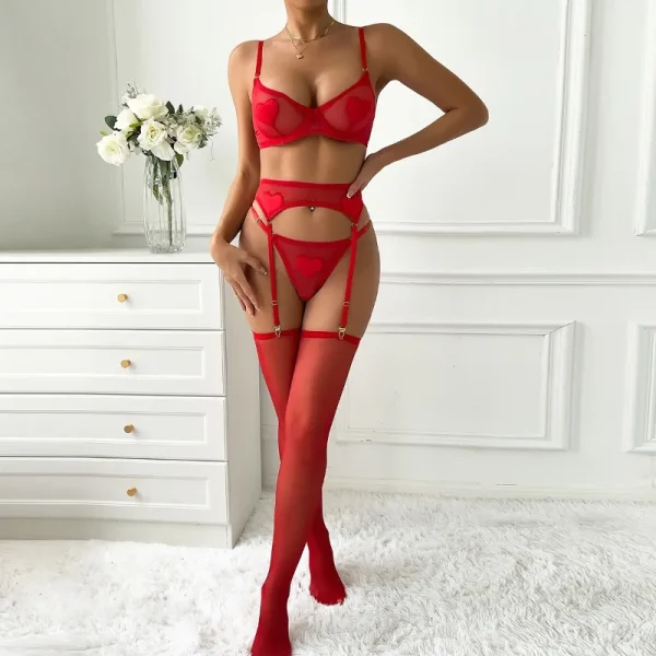 Casual Solid Color Mesh See-through Garters Underwear Suit - Image 4